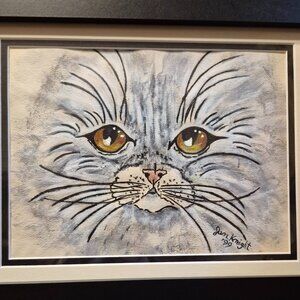 Water Color Cat, Blue Cat, Framed and Matted, 10.5"x13.5" framed.